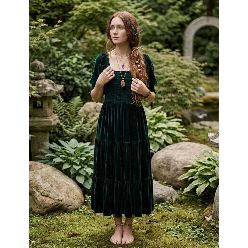 Baltic Born Vivaldi Smocked Velvet Midi Dress Women M Dark Green Tiered Puff NEW